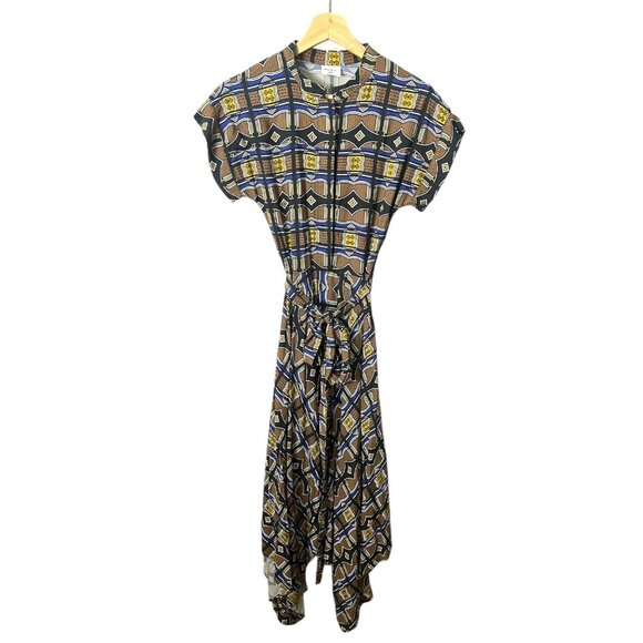 Mantsho x H&M Geometric African Print Midi Asymmetric Shirt Dress Brown‎ Size 2 - Picture 1 of 10